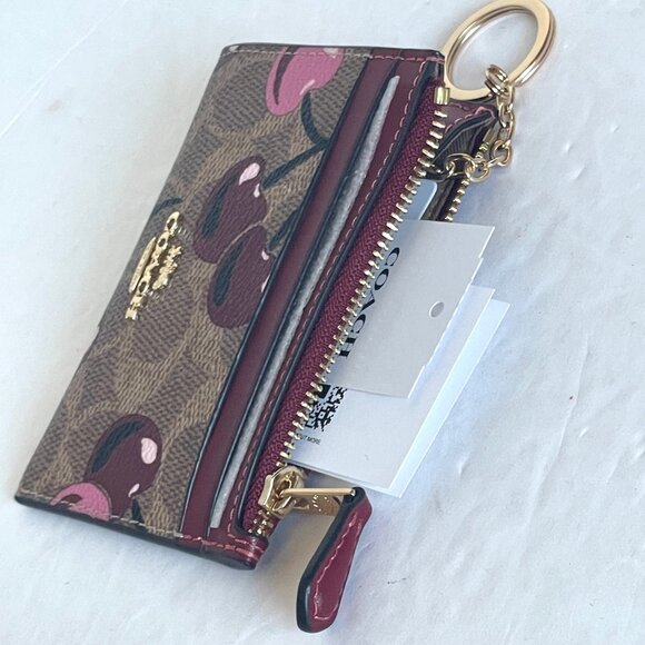 Coach Mini Skinny ID Wallet Cherry Red CZ462 Keyring Signature Brown Canvas - Picture 5 of 8